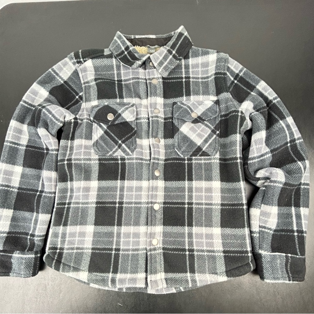 Eddie Bauer Boys Black and White Plaid Lined Shirt Jacket Snap-Front Size 10/12